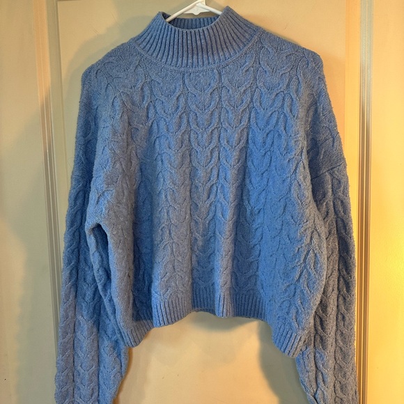 Pink Rose Baby Blue Cable-knit Slouchy Mock Neck Crop Sweater, Size Large - Picture 2 of 8